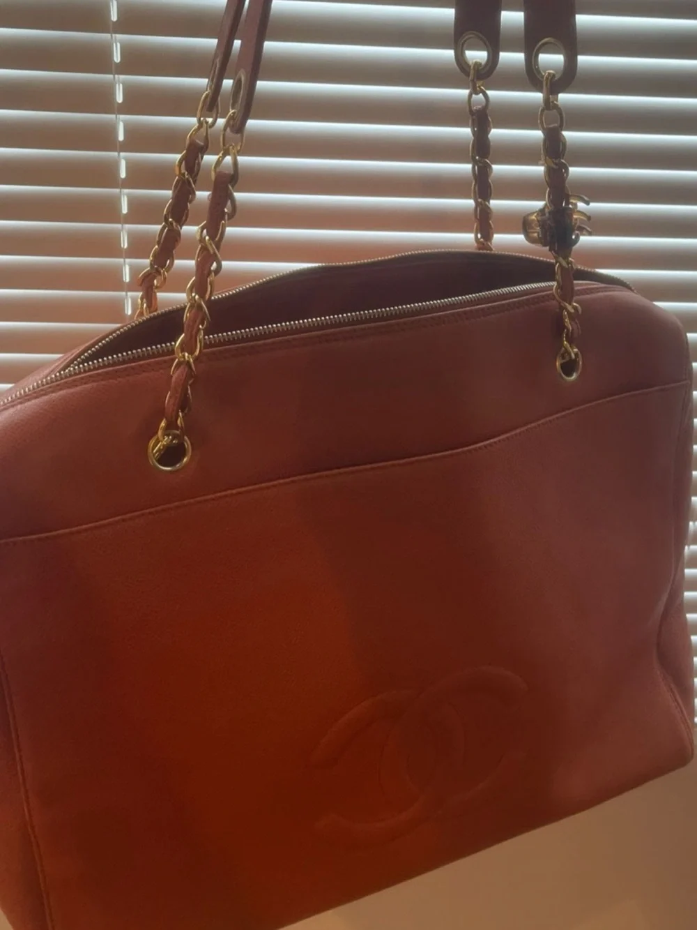 CHANEL Orange Leather Double-C Tote with Gold Chain Straps